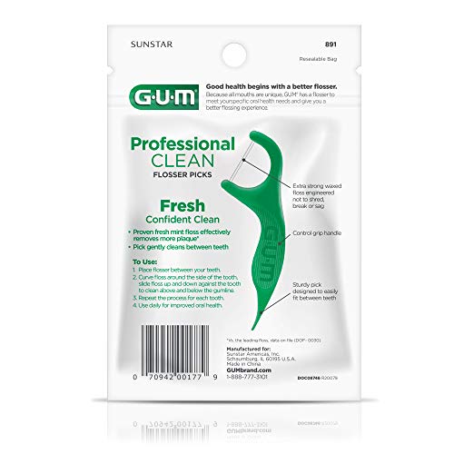 GUM Professional Clean Floss Picks - Extra Strong Shred-Resistant Floss, Easy Grip Handle - Dental Flossers for Adults - Fresh Mint Flavor, 90ct (3pk)