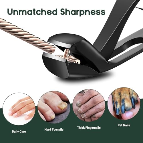 German Nail Clippers for Men, VANWIN Toenail Clippers for Thick Nails for Seniors with 16mm Wide Jaw, Ergonomic Heavy Duty Angled Head Toe Nail Clippers with Catcher Fingernail Clipper for Women Black