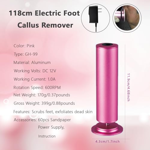Dermave Electric Foot Callus Remover, Adjustable Speed Electric Foot File, Professional Pedicure Tool for Dead Skin,Calluses,Chapped Skin,for Women&Men,with 60pcs Replacement Sandpaper Disk