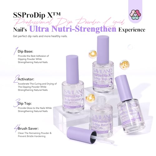 SAVILAND Dip Powder Liquid Set: 15 ml/0.5 Fl.oz Nail Dipping System Essentials for Beginners - Dip Base, Top, Activator, Brush Saver - Strengthen Nails DIY at Home, No Nail Lamp Needed