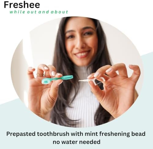 Freshee® 5 in 1 Disposable Mini Toothbrush with Toothpaste + Floss + Pick + Tongue Scraper | Travel Size | Individually Wrapped | Soft | Mint | Travel Set | Oral Care
