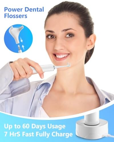 Rechargeable Electric Flosser 4-Speed with 60 Heads & Tongue Cleaner - Wireless Charging Dental Flosser for Adults, Kids, Gum Care - Water Flosser Alternative, Dentist-Approved Flossing Tool