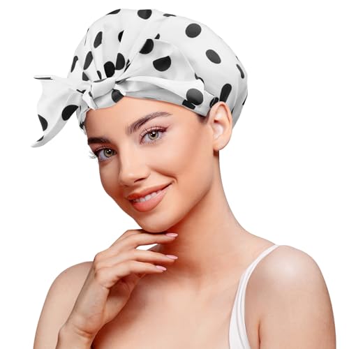 Shower Cap, Flexible Adjustment Shower Caps for Women Reusable Waterproof Cute ShowerCap with Bow Non-Slip Large Hair Cap for Shower