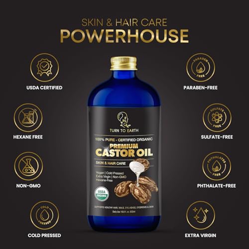 Organic Castor Oil, Cold Pressed, Glass Bottle, USDA Certified Premium Organic, Unrefined, Hexane Free, for Hair Growth, Radiant Skin, Eyebrows, Lashes and Fuller Hair, 16.9 oz w/ Pump (Made in USA)
