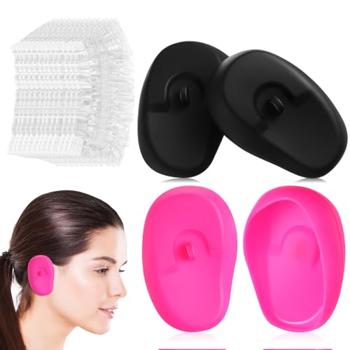FRCOLOR 2 Pairs Silicone Ear Covers Ear Protector with 100pcs Disposable Hairdressing Ear Caps Ear Protector Hairdressing Dye Coloring Protector Earmuff Ear Caps for Home Shop, 7.8cm*4.5cm*0.5cm