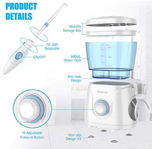 FC166 Water Flosser for Teeth/Braces, 600 ml Large Capacity, 10 Adjustable Pressures,8 Home Nozzles Professional Oral Irrigator for Teeth Clean(White)