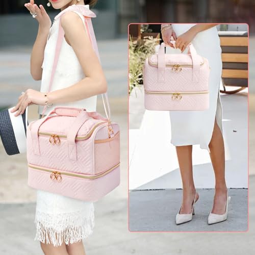 Nail Polish Organizer Bag Holds 50 Bottles (15ml/0.5fl.oz)& Nail Lamp, Soft Velvet Nail Kit Storage Carrying Case with Shoulder Strap, Double Layer Nail Supplies Organizer Handbag Women (Pink)