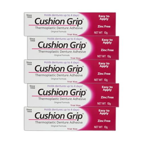 Cushion Grip Thermoplastic Denture Adhesive, 0.35 oz Travel Size | Refits and Tightens Loose Dentures On The Go | Non-Glue Adhesive, Acts Like a Soft Reliner (Pack of 5)