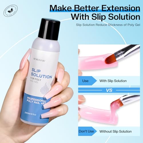 Morovan Slip Solution Poly Gel Big 8Oz 240ML Extension Nail Gel Slip Solution With Brush Anti-stick Gel Liquid Solution Bottle Cap as A Cup Poly Gel Solution Liquid Easy DIY Gel Solution at Home