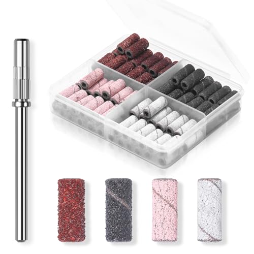 Makartt Nail Drill Bits Sanding Bands for Nail Drill-100Pcs 4 Color Coarse Fine 80/120/180/240 Grit File Sand with 3.1mm Mini Mandrel Nail Bit Set for Acrylic Nails Gel Manicures and Pedicure