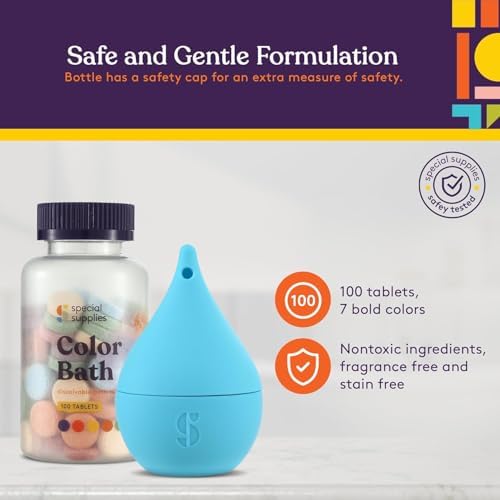 Special Supplies Color Bath Tablets for Kids, 100-Count, Dissolvable, Water Color-Changing Fun, Non-Staining Dye, Cute Toy Included