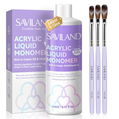 SAVILAND Essentials Acrylic Liquid Monomer: 8.12fl.oz Non-Yellowing EMA Monomer Acrylic Nail Liquid with Size 8,10,14 Nail Brushes for Acrylic Powder Application Beginner Nail Kit Home Nail Salon DIY