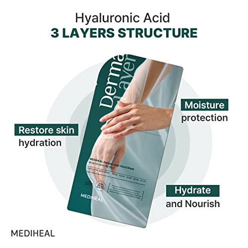 Mediheal Derma Layer Hand Mask (5 Packs) for Dry, Cracked, Roughfnessm Dullness, Damaged Skin Care with Hyaluronic Acid 3 Layers Structure