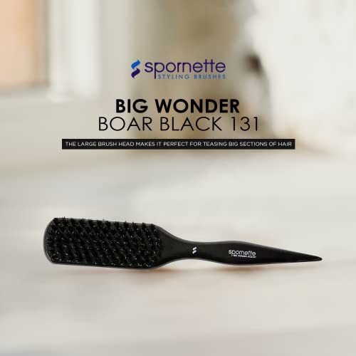 Spornette Boar Bristle Hair Brush for Women - Big Wonder Teasing Brush with Boar & Tourmaline Nylon Bristles - Tapered Handle for Back Brushing, Combing and Creating Volume & Slick Backs (Black)