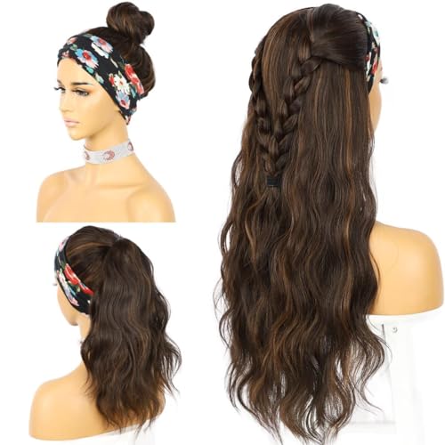 SAPPHIREWIGS Headband Wig Loose Body Wavy Glueless Synthetic Hair for Black Women Wave None Lace Front Wigs Mix Brown Color Headband Wigs 150% Density 26inches