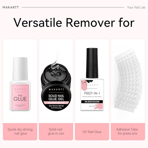 Makartt Press on Nail Glue Remover: 50ML Quick Glue Debonder | Easy Removal with a Dropper Applicator | Updated Formula with Vitamin E | No Acetone/Hema | For Fake Nails,Semicure Stickers,Large