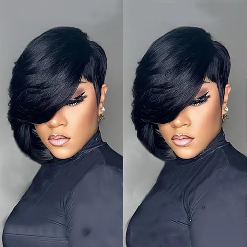 PangDongLai 10A Pixie Cut Wigs for Black Women Model Length Chic Elegent Short Layered Pixie Haircut Wigs With Bangs Brazilian Virgin Human Hair Natural Black 1b Color