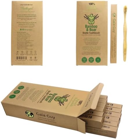 Gaia Guy Natural Bristle Bamboo Toothbrush with Boar Bristles - Totally Biodegradable and Compostable - No Nylon Toothbrushes - Zero Waste 12-Pack