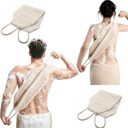 Natural Sisal & Ramie Exfoliating Body Scrubber for Shower with Handle（2pcs） - Deep Cleanse Back Scrubber, Scrub Spa Tool for Glowing Skin & Whole Body Care (2pcs)