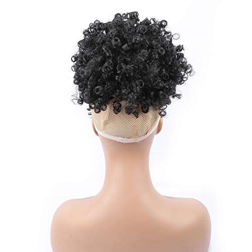 ENTRANCED STYLES Drawstring Ponytail with Bangs Afro Puff Ponytail Extensions for Women Short Curly Puff Ponytail with Bangs Clip in Wrap Updo Hairpiece for Women(1B)