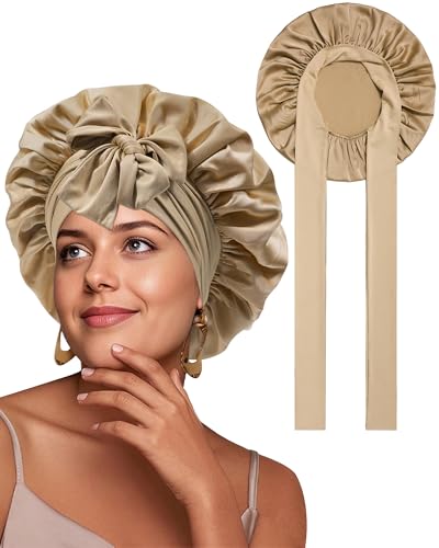 Satin Bonnet for Sleeping Women Silk Sleep Bonnet for Curly Hair Wrap with Elastic Tie Band Night Cap Coffee