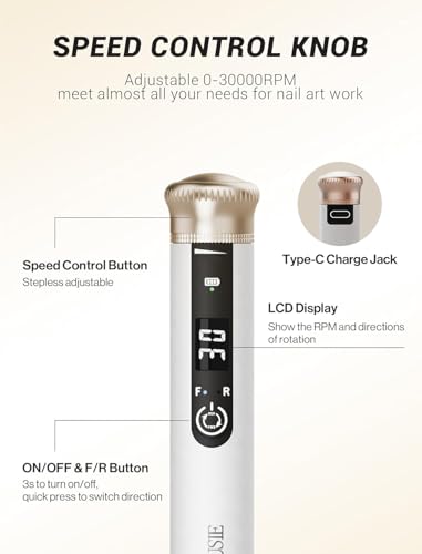 MelodySusie Portable Nail Drill,Professional 30000 RPM Cordless Electric Nail File for Acrylic Gel Nails,SM220E Rechargeable E-file Set Manicure Pedicure Tool with Nail Drill Ceramic Bit,Sanding Bands