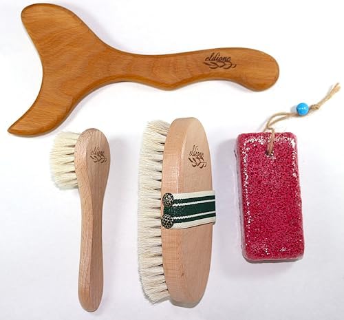 4-pc Dry Brush - Exfoliating Body, Face & Foot, Wooden Massage Maderoterapia Tool, Meridian Pressure for Lymphatic Drainage, Cellulite, Anti-callus Pumice Stone, Gua Sha, Body Sculpting, Sensitiv Skin