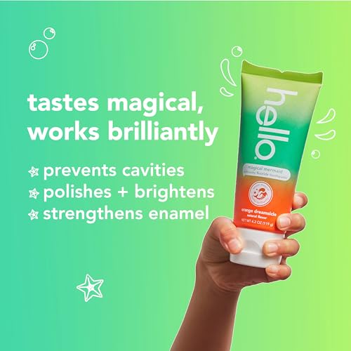 hello Magical Mermaid Kids Toothpaste with Fluoride, Orange Dreamsicle Flavor Toothpaste for Kids, Safe for Ages 2 and Up, Helps Prevent Cavities, Strengthen Enamel, Polish Teeth, 3 Pack, 4.2 Oz Each