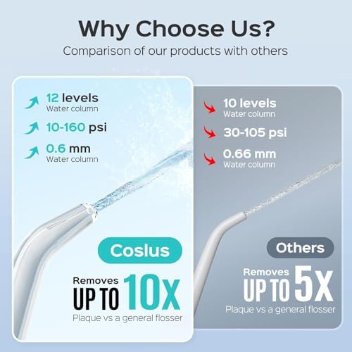 COSLUS Professional Water Flosser for Teeth: 12 Pressure Settings Electric Dental Pick for Tooth Cleaning, Sensitive Gums, Braces, Oral Care - Home Use, 4 Jet Tips for Multiple Users, Family, White