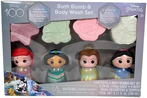 Disney Princess Bath Bomb & Body Wash Set, 8-Piece Set with 4 Scented Body Wash & 4 Bath Bombs, 4 Surprise Charms & 4 Collectible Character Bottles! Make Bath Time Fun! Ages 3+