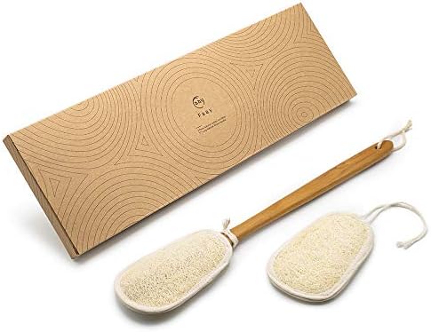 FAAY 17 Inch Natural Exfoliating Loofah Back Scrubber On a Stick with Luffa Sponge Pads Refills – Long Handle Loofa Body Bath & Shower Brush for Men & Women