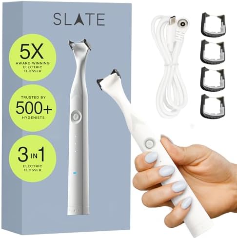 SLATE Electric Flosser | 3-in-1 Electric Flosser for Teeth w/ 3 Speeds - Dentist Invented Magic Floss | Reusable Non-Toxic Floss, Tongue Scraper & Gum Care | Power Dental Flossers for Adults & Kids