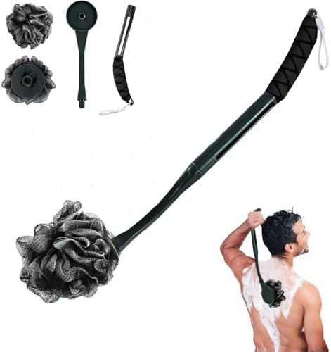 Loofah with Handle, 20.5'' Replaceable Shower Loofah to Improve Skin Health, Body Scrubber, for Women and Men with String for Easy Hanging（Dark Black）