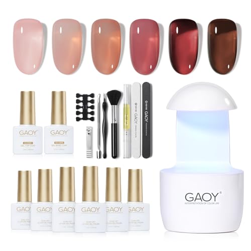 GAOY Gel Nail Polish Kit with UV Light for Beginners, 6 Colors Sheer Nude Red Pink Brown, Gel Polish Kit with Top and Base Coat for Salon and Nail Art DIY at Home, Rose Garden