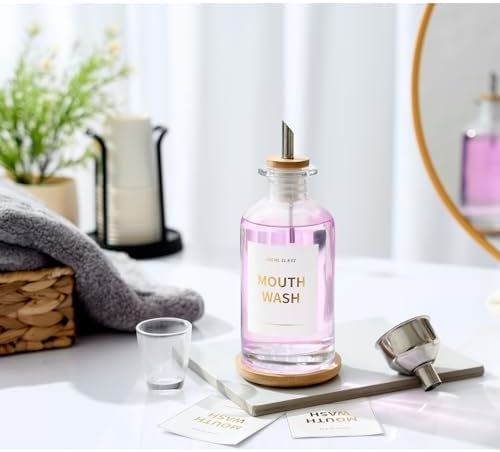 Glass Mouthwash Dispenser for Bathroom, 11.8oz Mouthwash Holder with Stianless Steel Spouts, Mouthwash Decanter with Bamboo Holder, Refillable Cups, Reusable Funnel, Golden Stickers