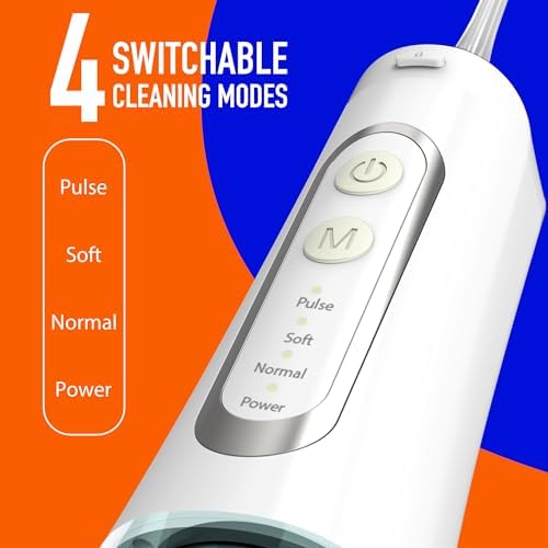 Portable Cordless Water Flosser, Rechargeable Water Dental Flosser with 1500 mAh Battery, IPX7 Waterproof, 4 Modes 4 Jet Tips, Type-C Charging for Travel & Home (White)