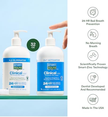 SmartMouth Clinical DDS 2-Bottle Activated Mouthwash with Pumps - Gum Health Support for Adults - 12-Hour Fresh Breath Mouthwash - Clean Mint Flavor, 32 fl oz (16 fl oz per Bottle)