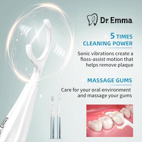 Dr. Emma Electric Vibration Flosser, Power Flosser for Adults, Gum Stimulator, Teeth Cleaner, Reusable Flossing Tool with Toothbrush, Water Flosser Alternative, Babyblue