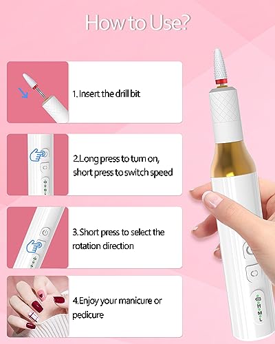 Nail Drill,Cordless Electric Files for Gel Nails E-File Manicure Kit Women Rechargeable Drill para Uñas Profesional Machine Grinder Acrylic White (M918)