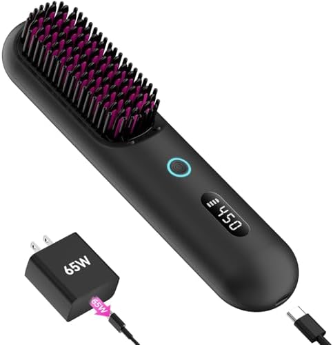 Cordless Hair Straightener Brush – Portable Ionic Hot Comb with 65W Fast Charger, Mini Travel Hair Straightening Brush for Women, Lightweight for On-The-Go Styling (Black)