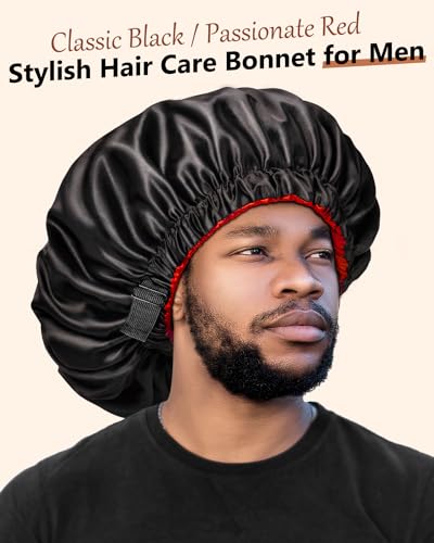 mikimini Satin Bonnet Pack of 2 for Men and Women, Reversible Double Layer Sleeping Silk Bonnet for Curly Hair Braids with Anti-Slip Adjustable Widened Elastic Band Super Large Soft (XL, Black/Red)