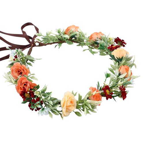 Floral Crown Women Girls - Orange Boho Floral Headpiece with White Green Leaves Charming Fairy Flower Headband for Wedding Photo Shoot Festivals