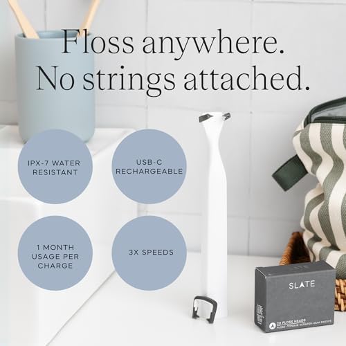 SLATE Electric Flosser | 3-in-1 Electric Flosser for Teeth w/ 3 Speeds - Dentist Invented Magic Floss | Reusable Non-Toxic Floss, Tongue Scraper & Gum Care | Power Dental Flossers for Adults & Kids