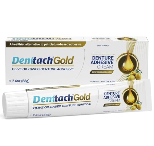 Denttach Gold Denture Adhesive, Petroleum Free Olive Oil Based Premium Denture Adhesive Cream for Full and Partial Dentures, All Day Secure Hold Denture Glue, Zinc Free, 2.4 Ounce