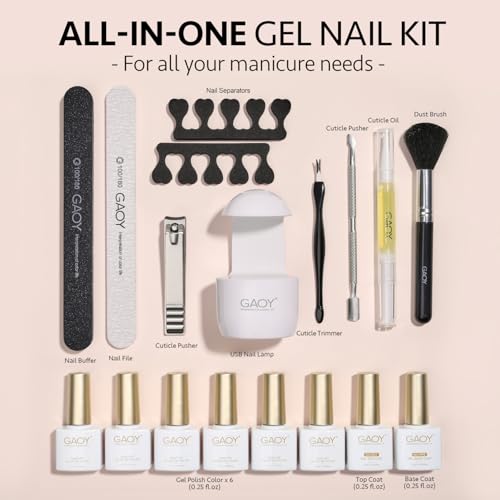 GAOY Gel Nail Polish Kit with UV Light for Beginners, 6 Colors Sheer Nude Red Pink Brown, Gel Polish Kit with Top and Base Coat for Salon and Nail Art DIY at Home, Rose Garden