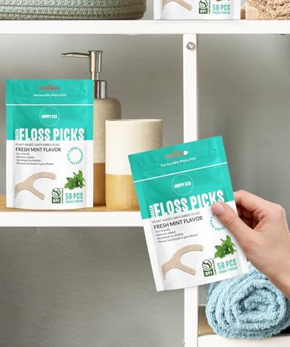 Floss Picks Biodegradable (200pcs) - Plant Based Dental Floss Picks, Natural Flossers for Adults & Kids, Nontoxic Vegan Tooth Pick Flossers & Floss Sticks - Double Thread Mint