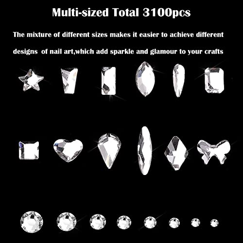 Nail Rhinestones Kit, Nail Art Decorations Flat AB Rhinestones Kit DIY Crafts Gemstones for Nail, Shoes, Clothes, Jewels (600 Clear Diamonds + 2500 Flat Rhinestone)