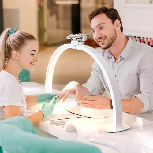 Lavinda Foldable Half Moon Nail Table Lamp with Phone Stand – 29in LED Arch Light for DIY, Eyelash, Tattoo, Facial – Adjustable 3000K-6000K – Plug-in White Design