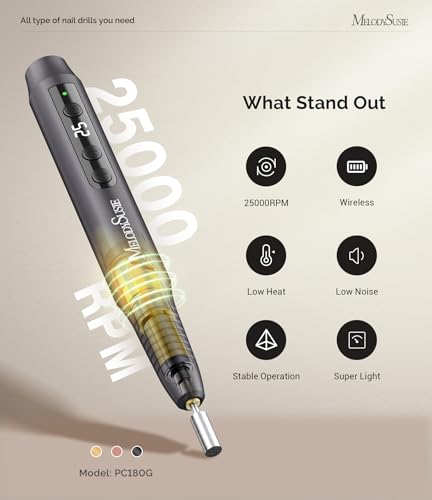 MelodySusie Electric Nail Drill,Cordless Nail File for Acrylic Gel Nails,PC180G 25,000RPM Professional Portable Nail Efile Manicure Pedicure Polishing Tool with Nail Drill Bits,Sanding Bands