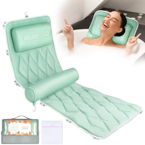 Full Body Bath Pillow Bathtub Pillows-Removable Lumbar Cushion with 17 Non-Slip Suction Cups 4D Air Mesh Fit Any Tub Luxury Bathroom Accessories-Green